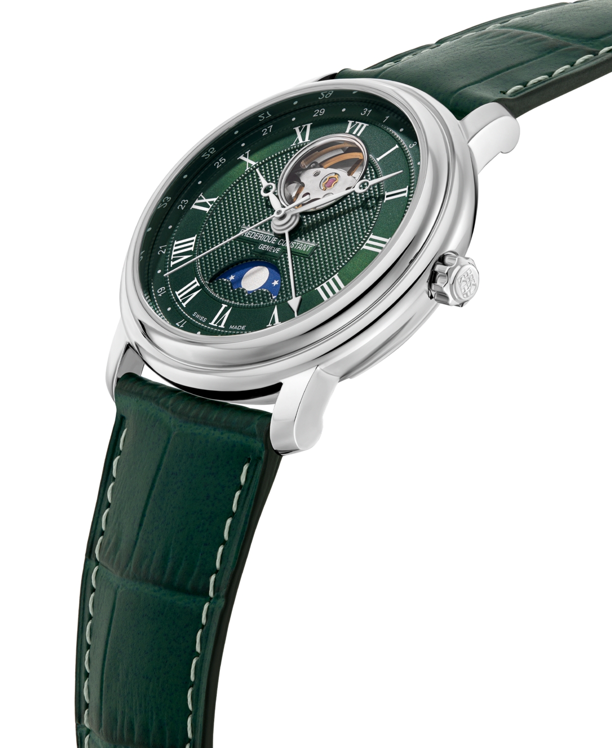 Shop Frederique Constant Men's Swiss Automatic Classics Heartbeat Moonphase Green Leather Strap Watch 40mm