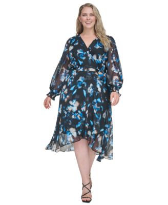 DKNY - Plus Size Printed Balloon-Sleeve Wrap Dress