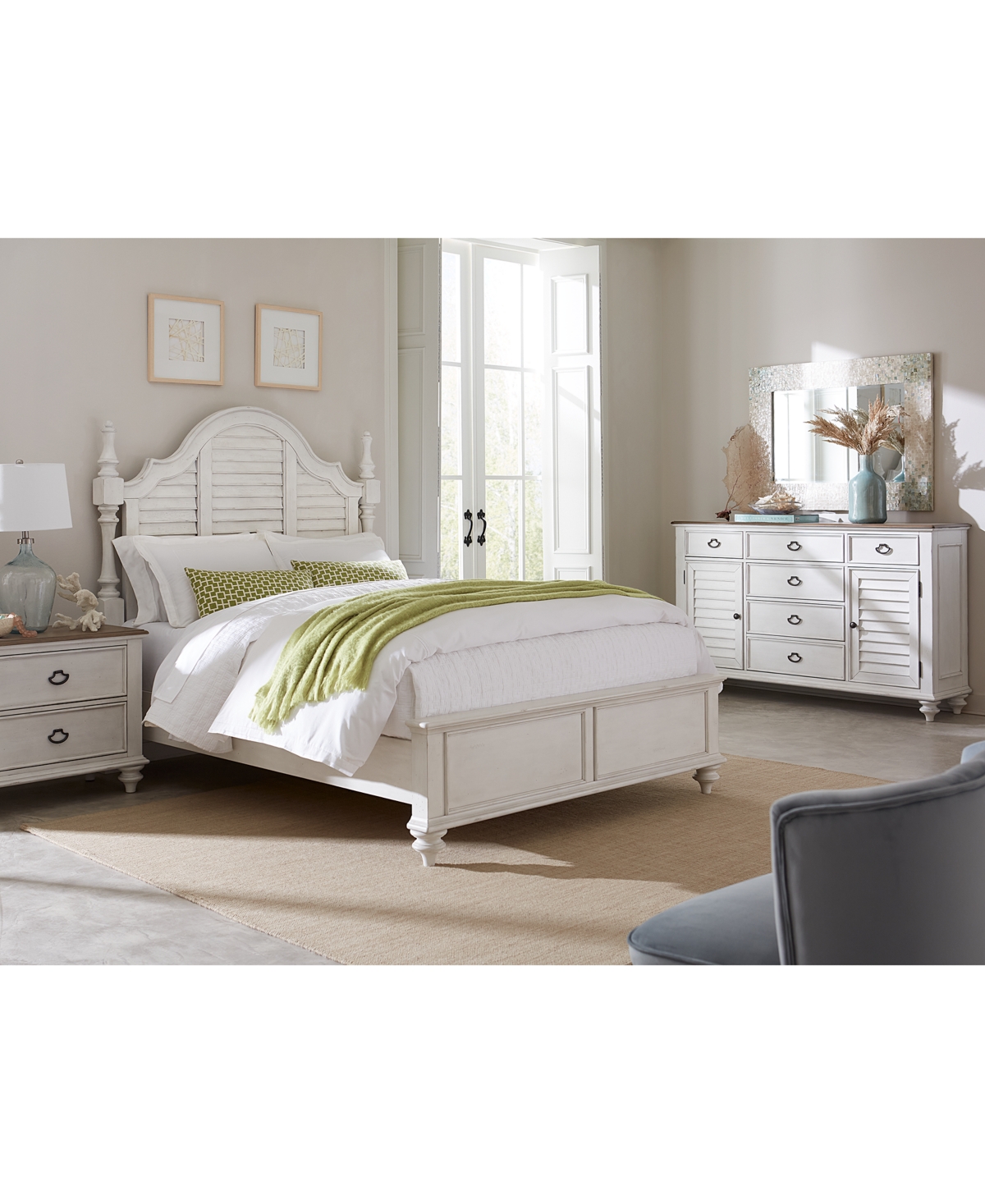 Macy's Mandeville 3pc Bedroom Set (louvered Queen Bed + Louvered Dresser + 2-drawer Nightstand) In White
