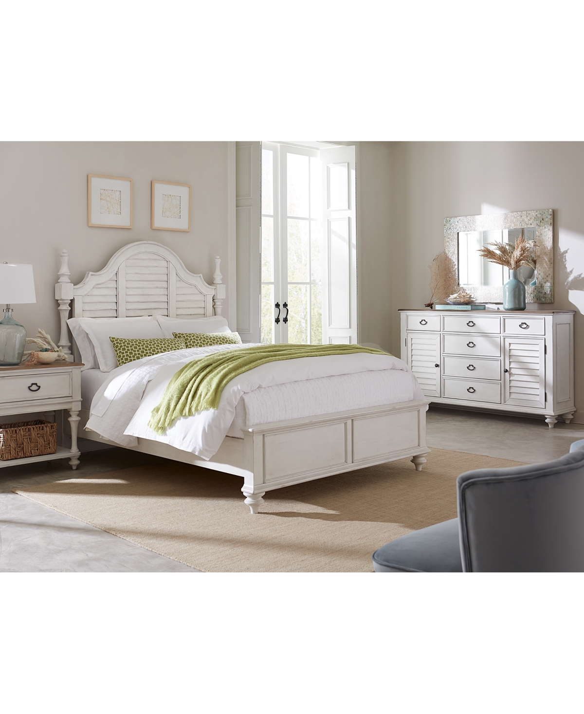 Shop Macy's Mandeville 3pc Bedroom Set (louvered King Bed + Louvered Dresser + 1-drawer Nightstand) In White