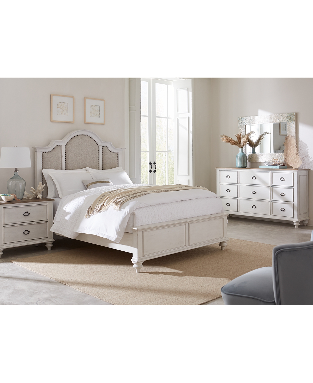 Shop Macy's Mandeville 3pc Bedroom Set (upholstered Queen Bed + Dresser + 2-drawer Nightstand) In White