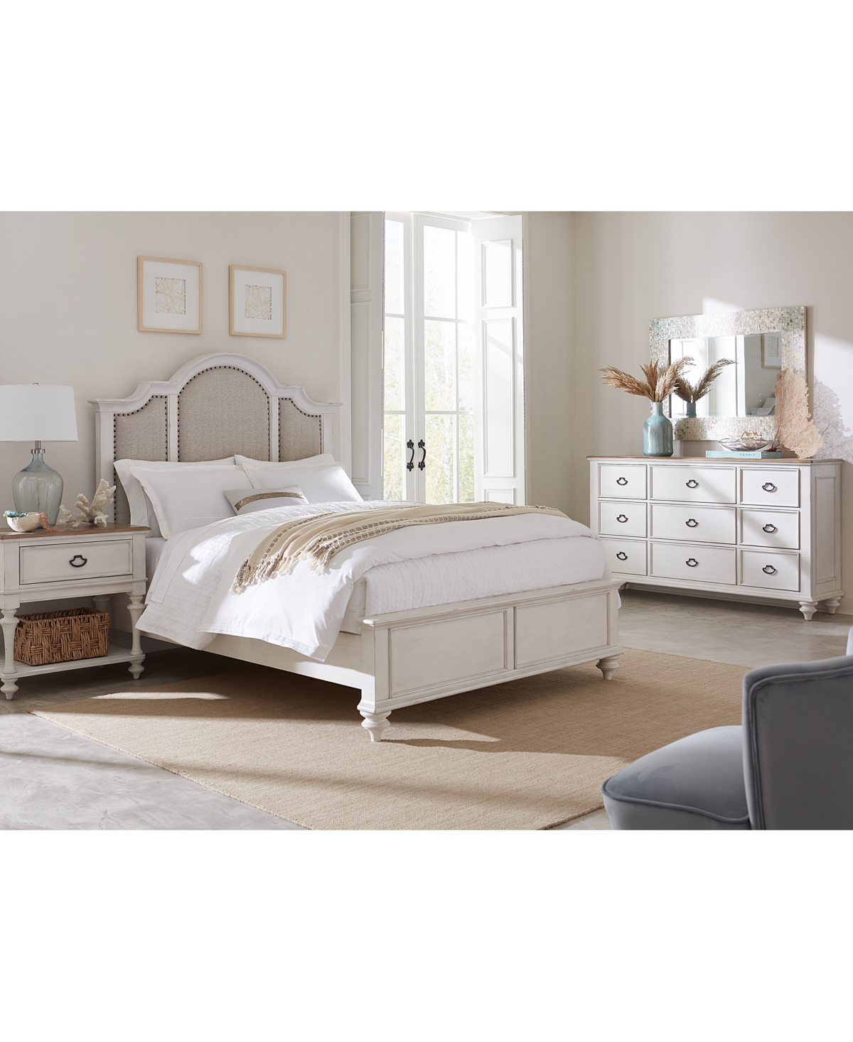 Shop Macy's Mandeville 3pc Bedroom Set (upholstered California King Bed + Dresser + 1-drawer Nightstand) In White
