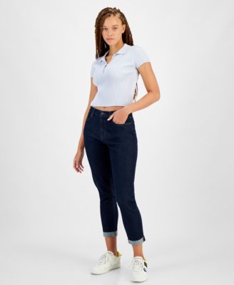 Womens Ribbed Quarter Button Polo Shirt Mid Rise Tapered Slim Jeans