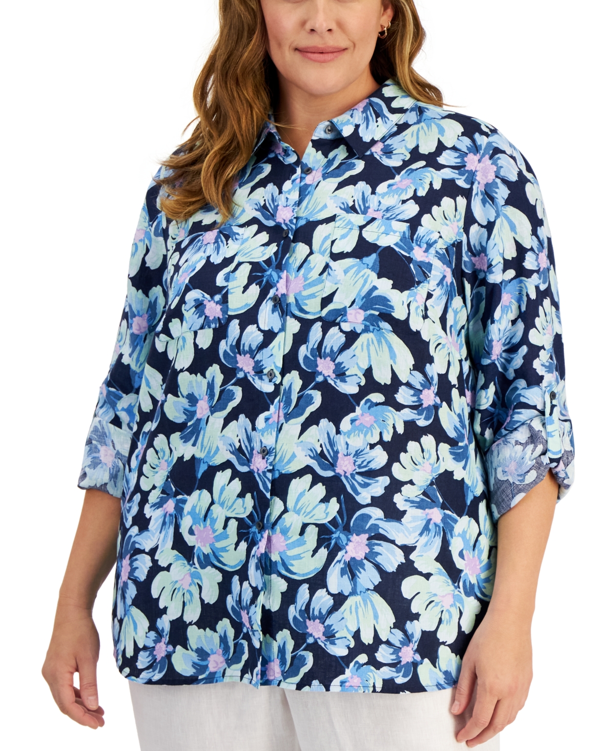 Plus Size 100% Linen Printed Roll-Tab Shirt, Created for Macy's - Intrepid Blue Combo