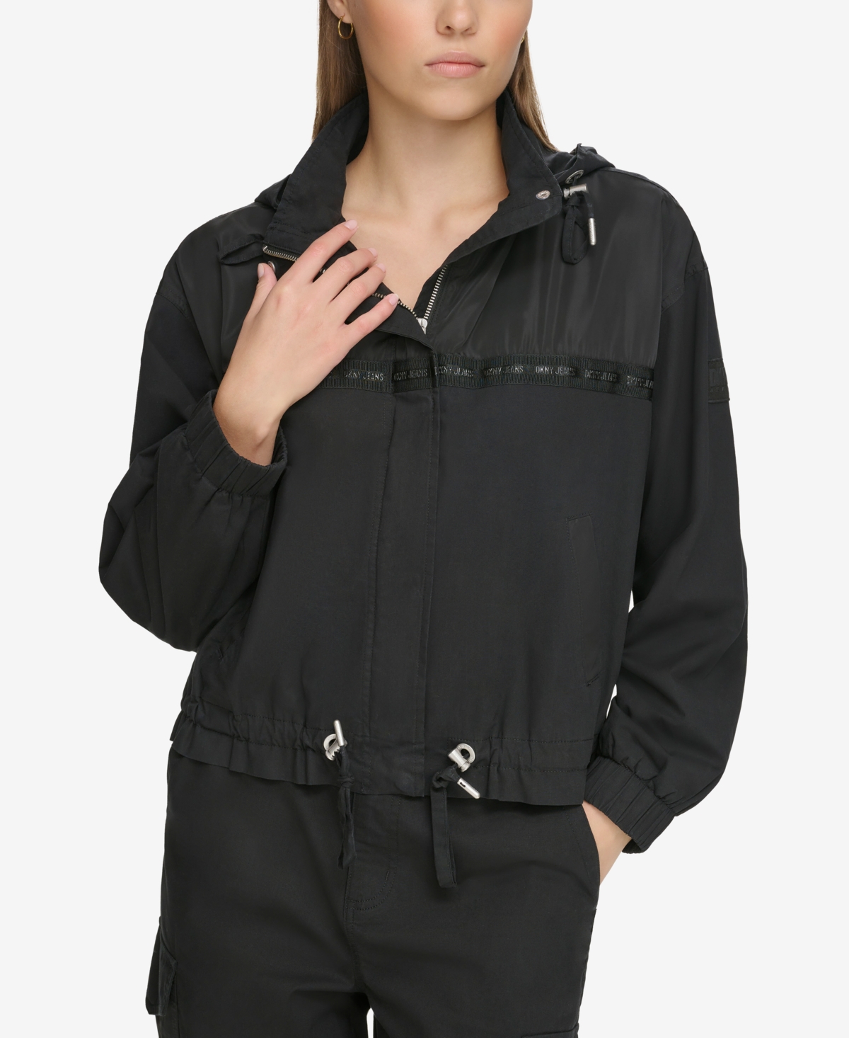 Dkny Jeans Women's Logo-trim Hooded Zip-front Jacket In Blk - Black