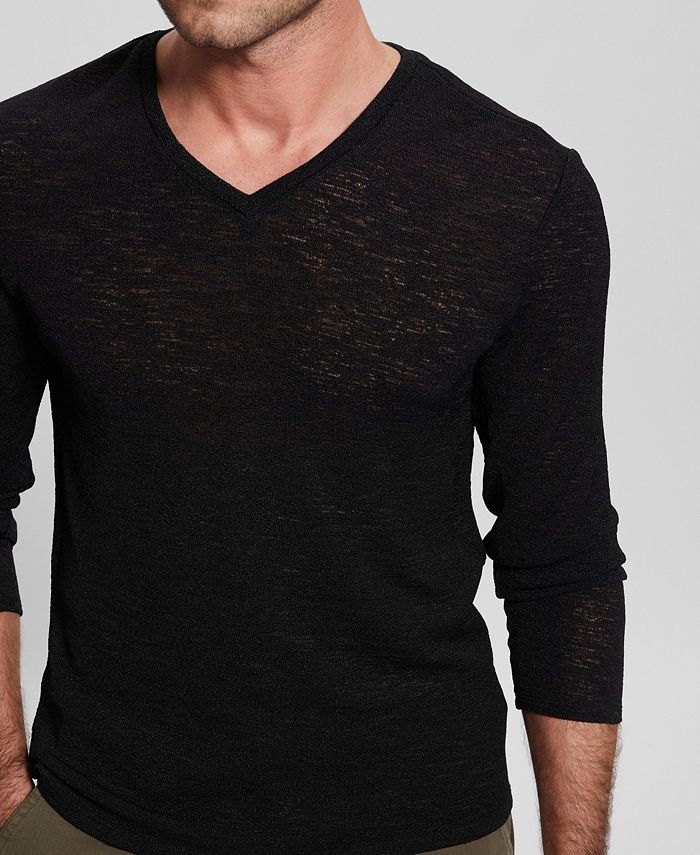 GUESS Men's Long-Sleeve Gauze V-neck Fitted T-shirt - Macy's