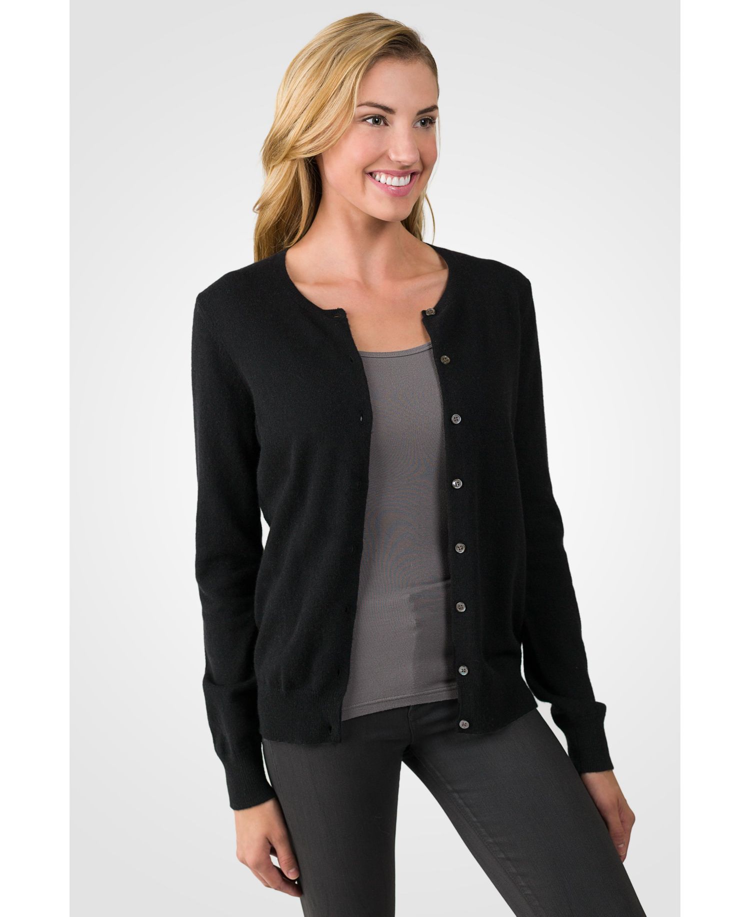 Women's 100% Cashmere Button Front Long Sleeve Crewneck Cardigan Sweater