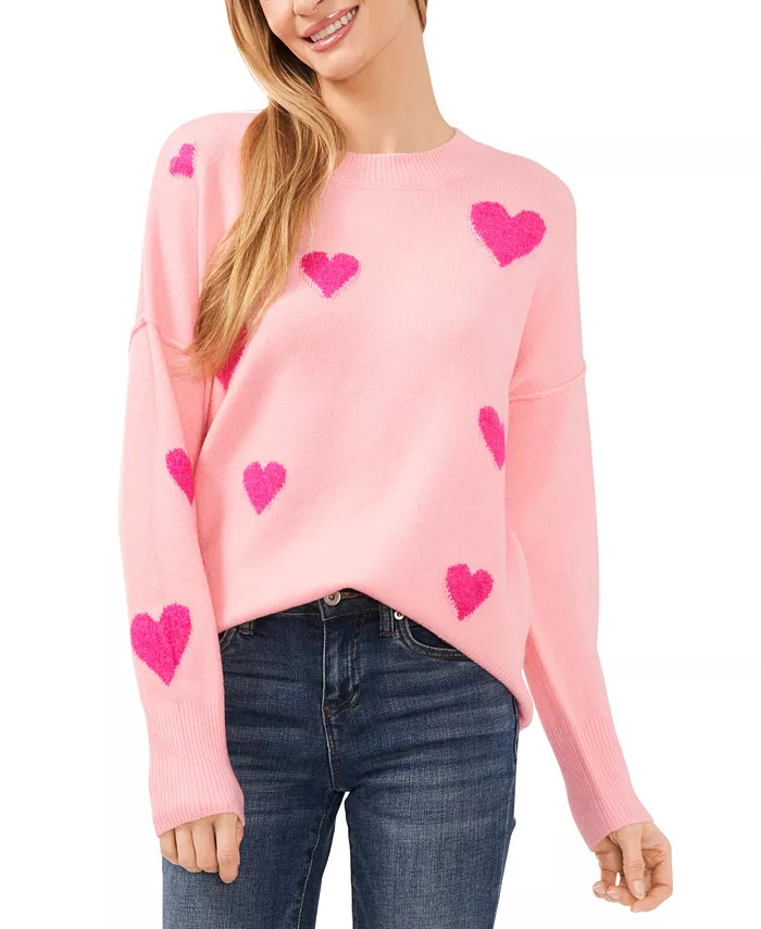 Women's Valentine's Crewneck Heart-Print Long-Sleeve Sweater
