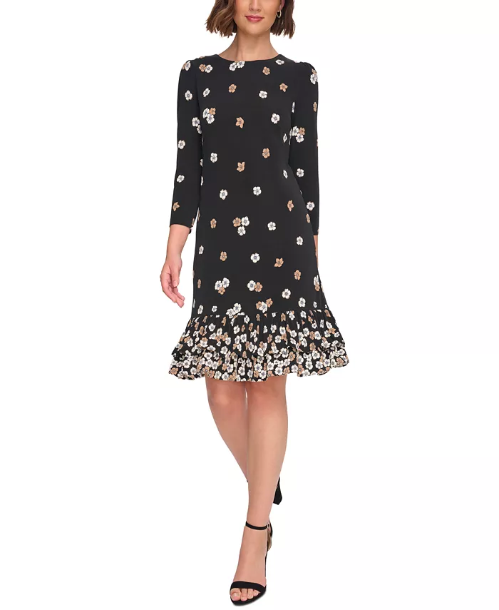 Women's 3/4-Sleeve Flounce-Hem Dress
