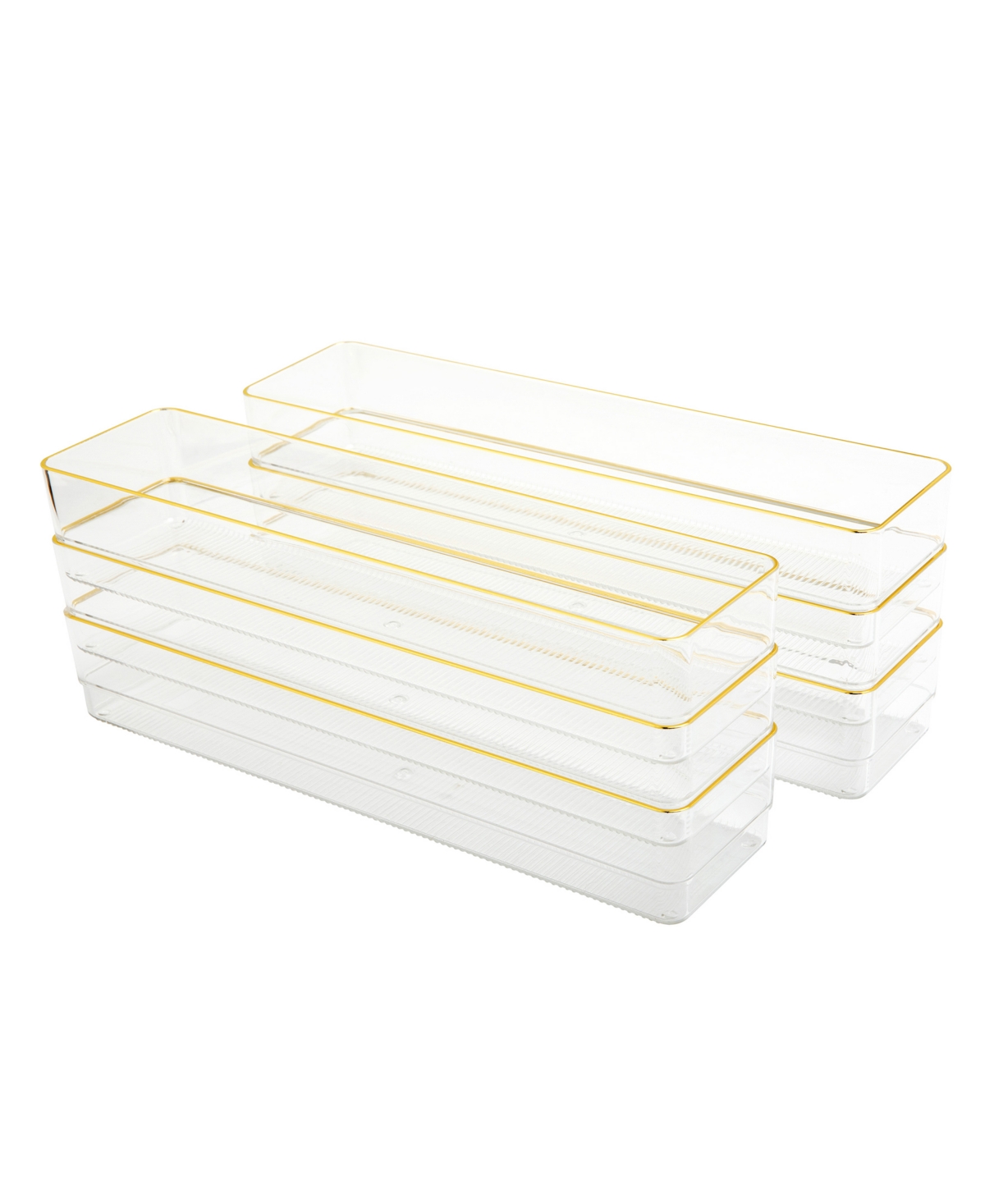 Kerry 6 Piece Plastic Stackable Office Desk Drawer Organizers, 12" x 3" - Clear, Gold Trim
