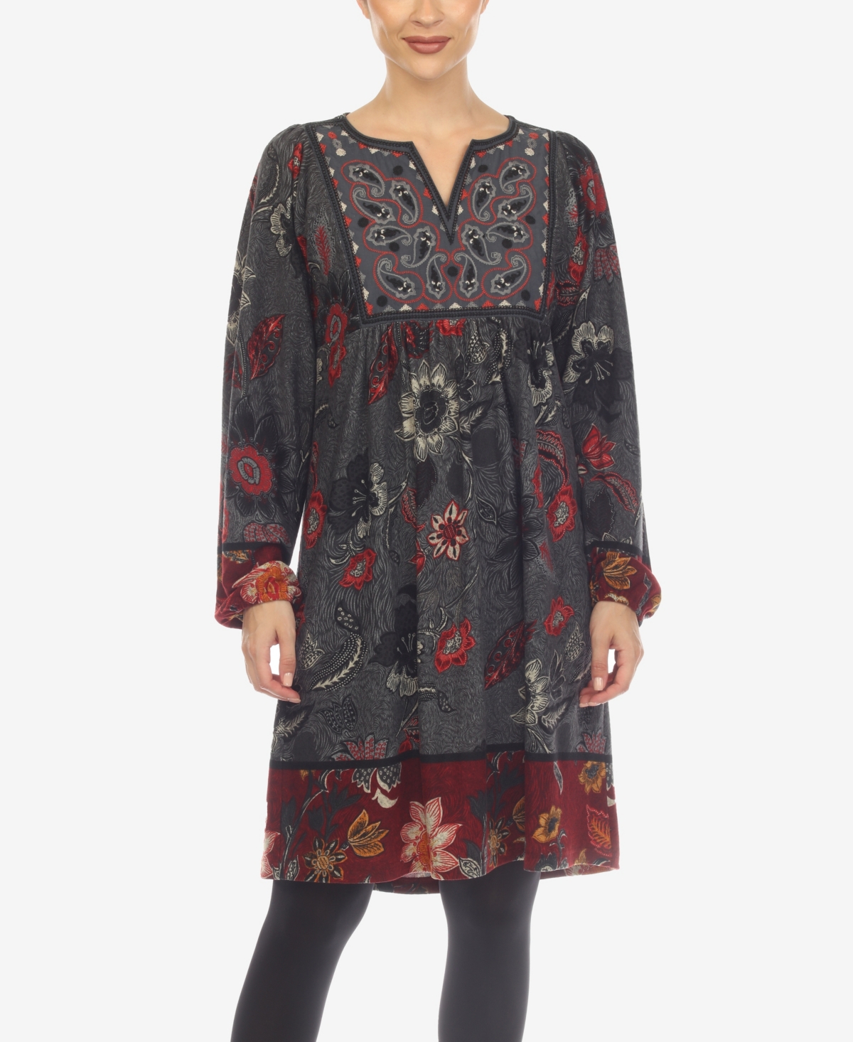 White Mark Women's Paisley Flower Embroidered Sweater Dress In Gray,red