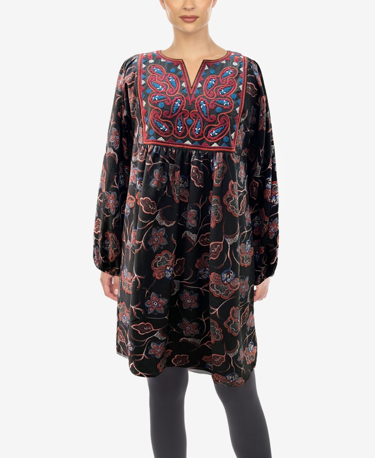Women's Paisley Flower Embroidered Sweater Dress - Black