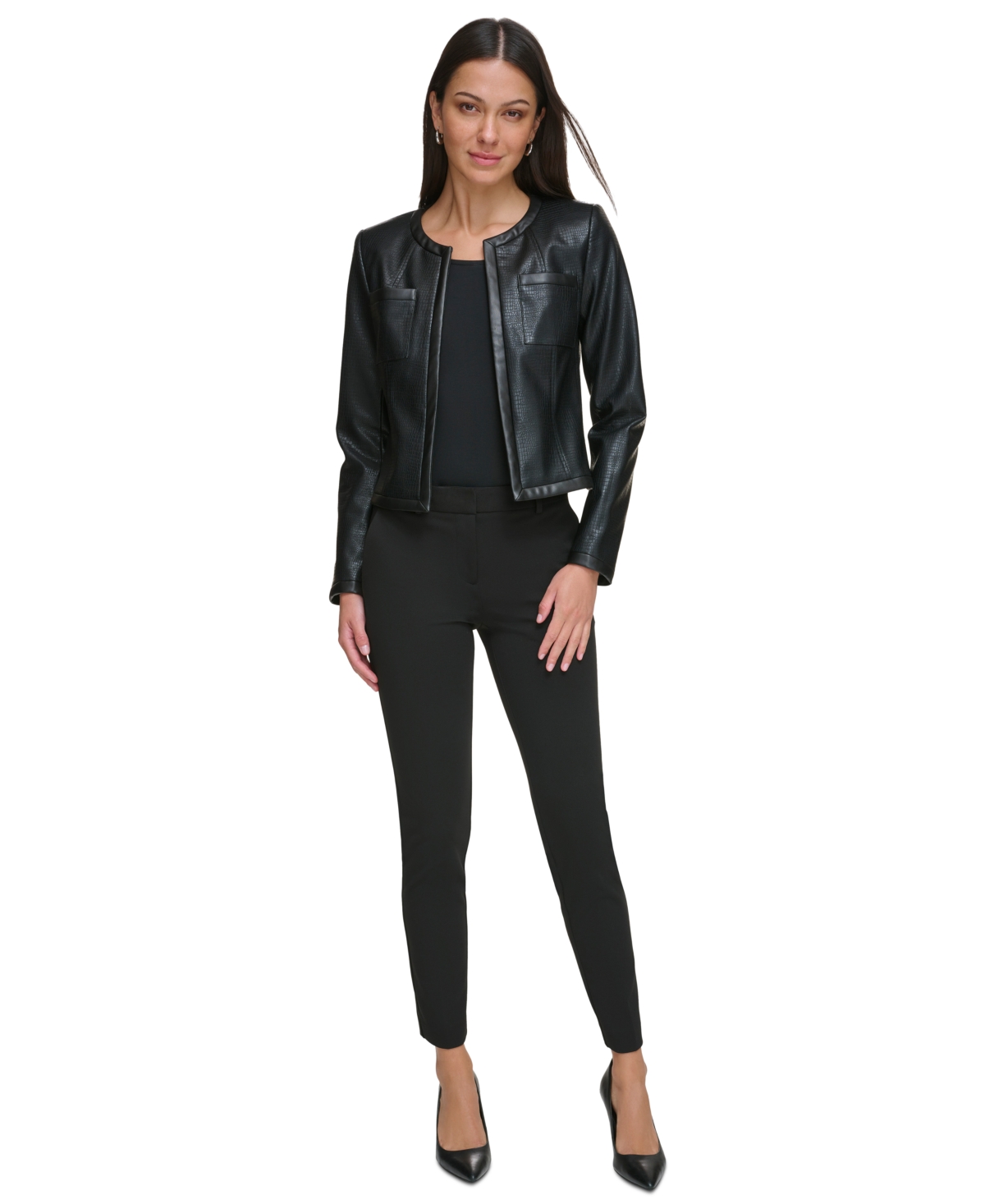 Shop Dkny Petite Embossed Faux-leather Collarless Jacket In Black