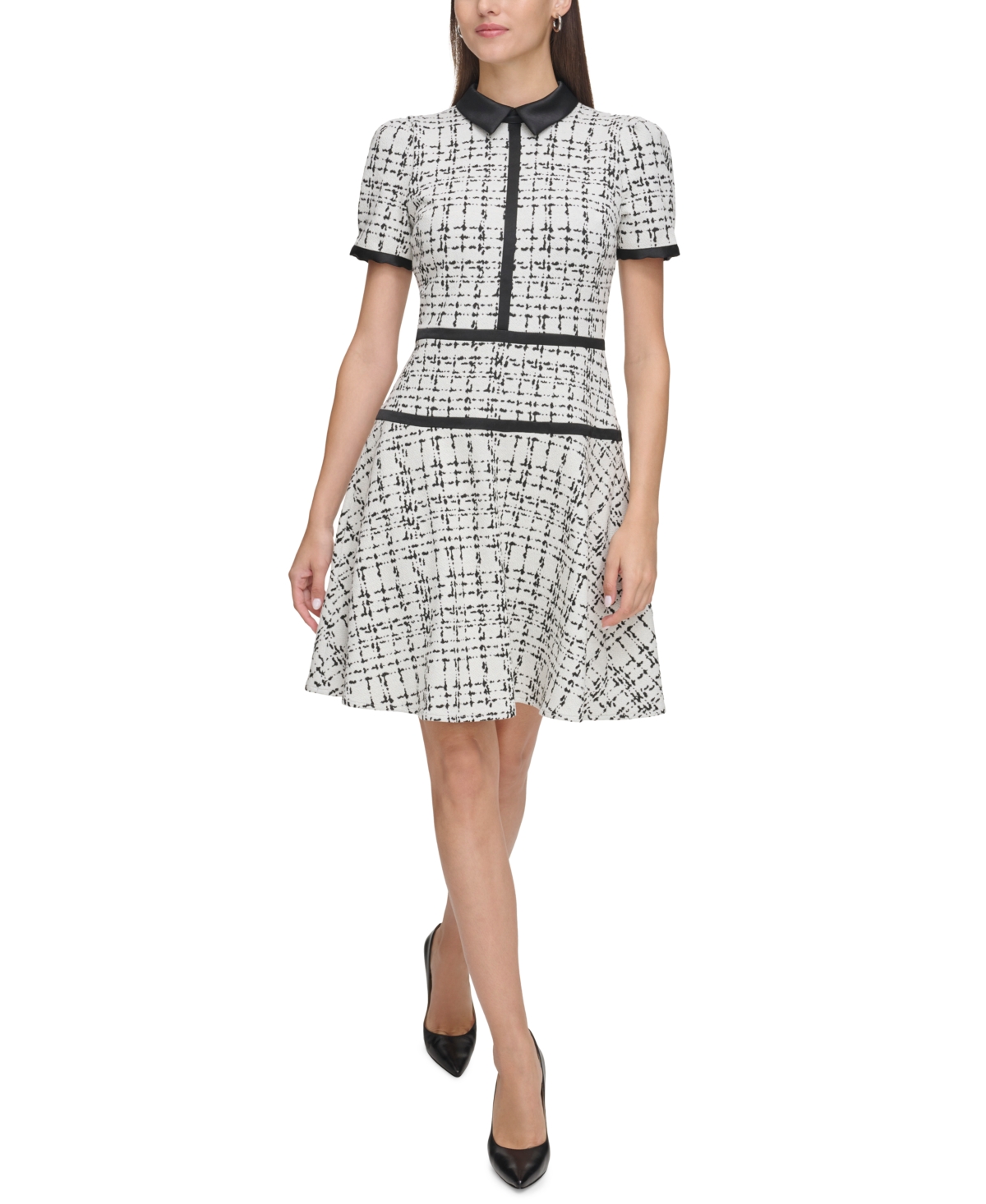 Shop Karl Lagerfeld Women's Plaid-knit Contrast-trim Dress In Soft White Black