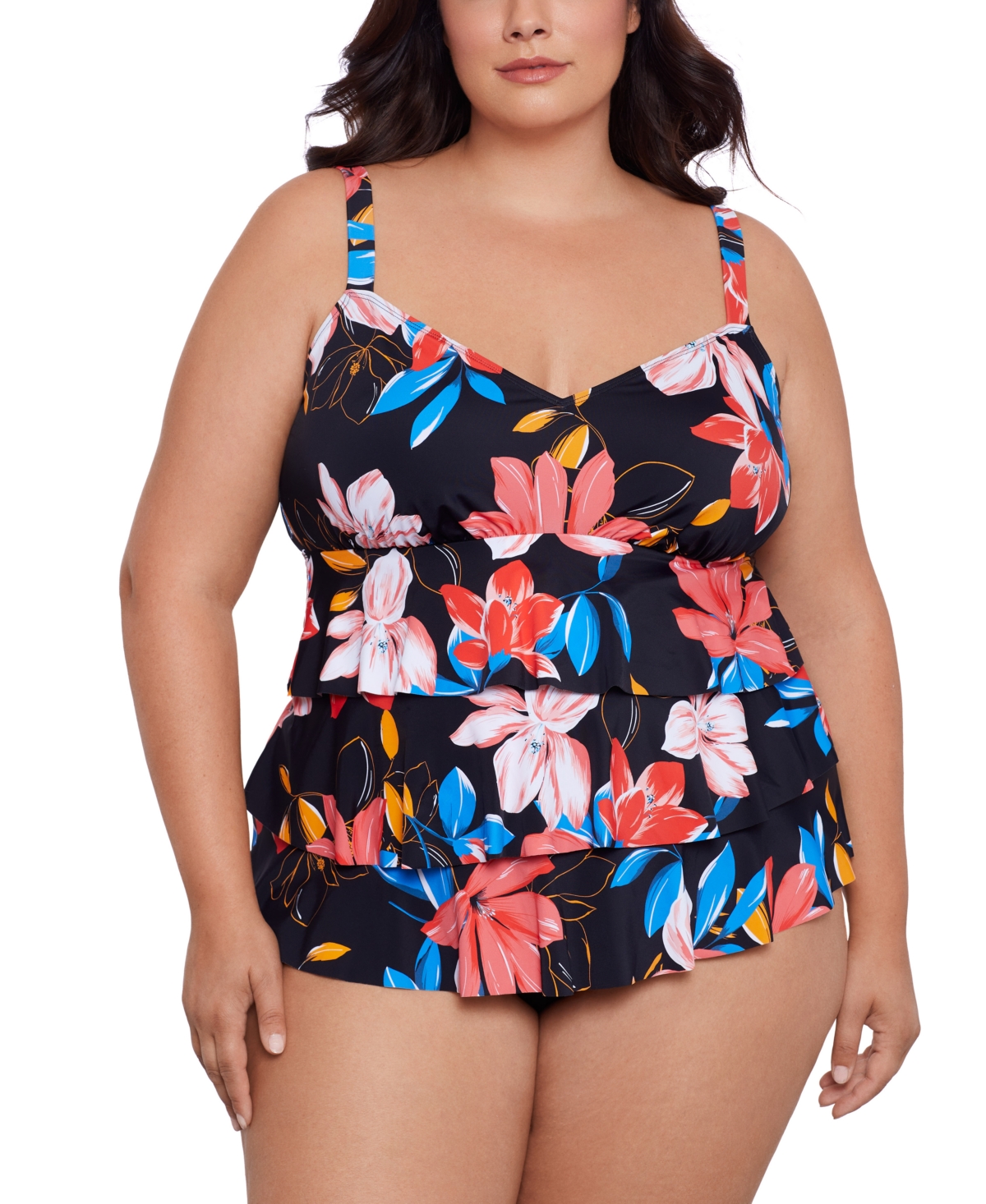 Plus Size Tiered Floral-Print One Piece, Created for Macy's - Floral Park