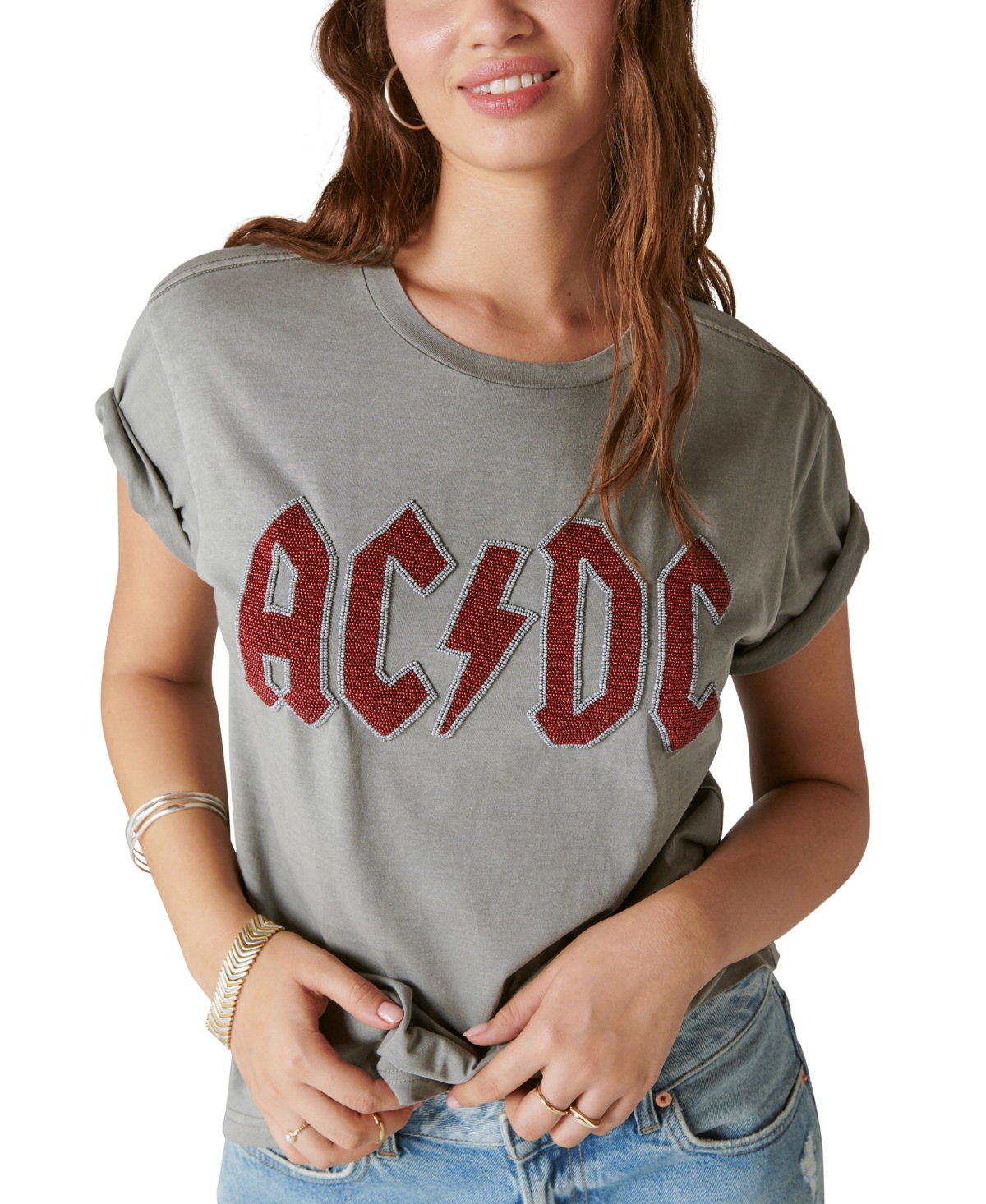 Shop Lucky Brand Women's Acdc Beaded Boyfriend Cotton T-shirt In Castle Rock