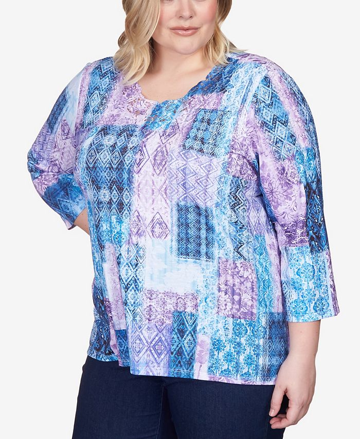 Alfred Dunner Plus Size Lavender Fields Patchwork Lace Neck Top - Macy's