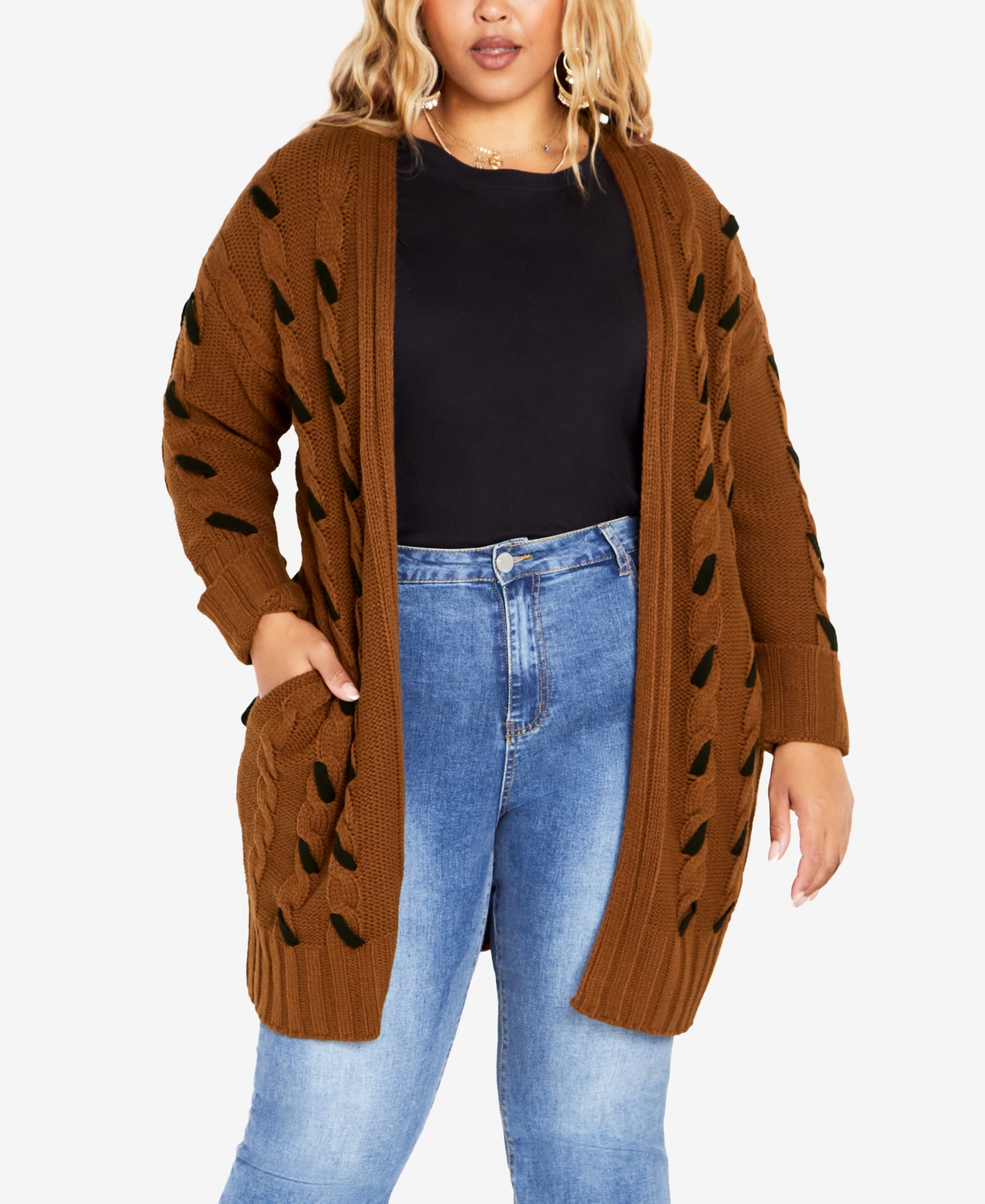 Avenue Plus Size Lacey Cable Longline Cardigan Sweater In Tobacco