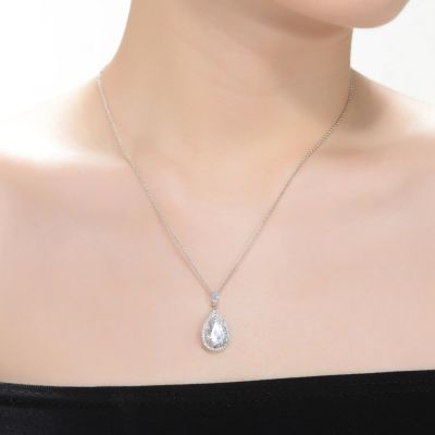 Sterling Silver White Gold Plated Clear Pear with Oval and Round Cubic Zirconia Accent Drop Necklace