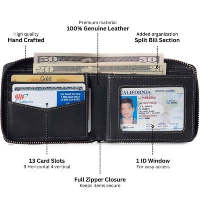 Unisex RFID Safe Zipper Wallet Genuine Leather Zip Around Bifold
