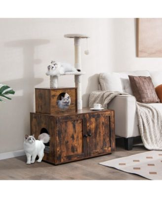 2-in-1 Wooden Litter Box Enclosure with Cat Tree Hidden Washroom Furniture