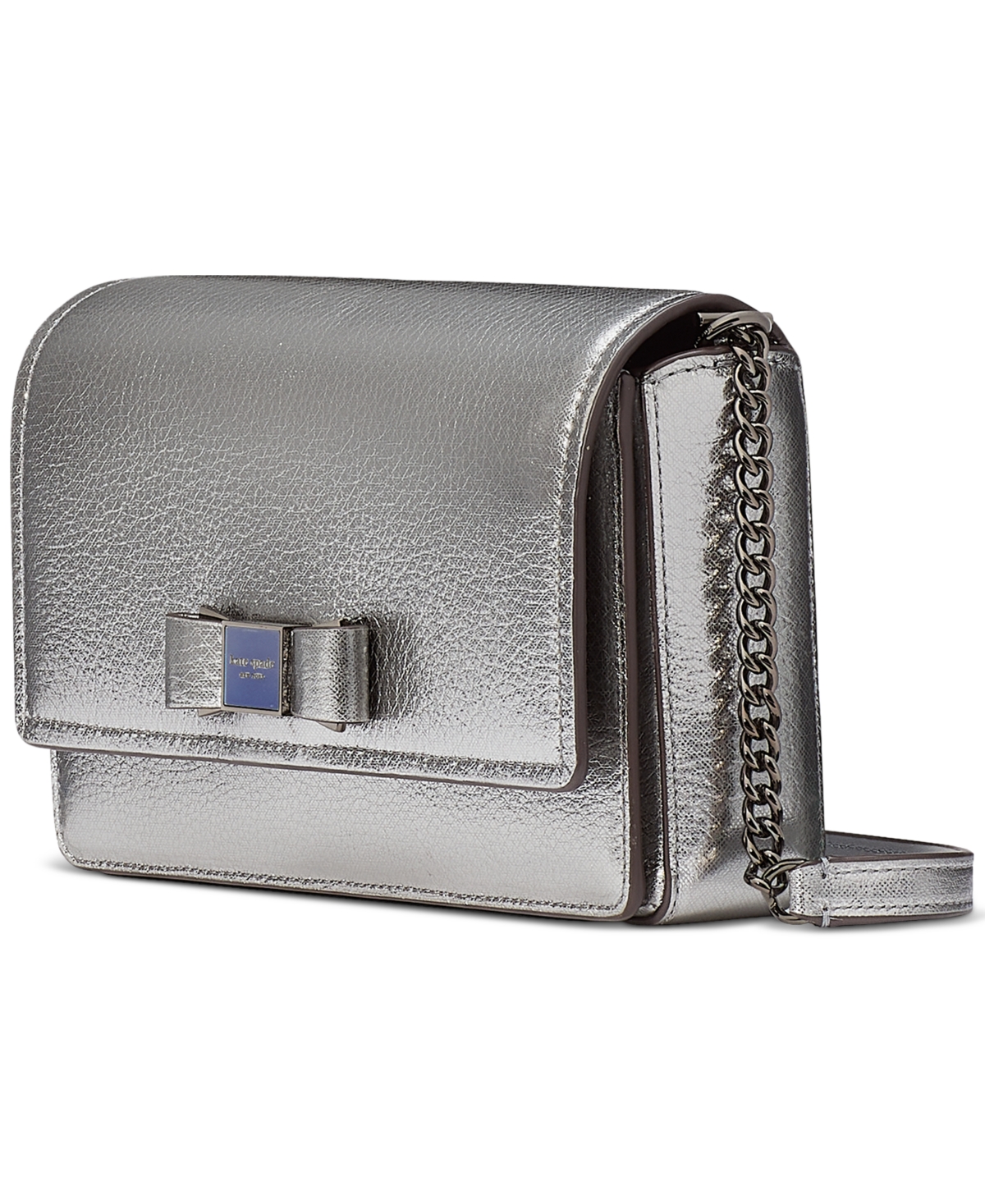 Morgan Bow Embellished Metallic Leather Flap Chain Wallet - Silver