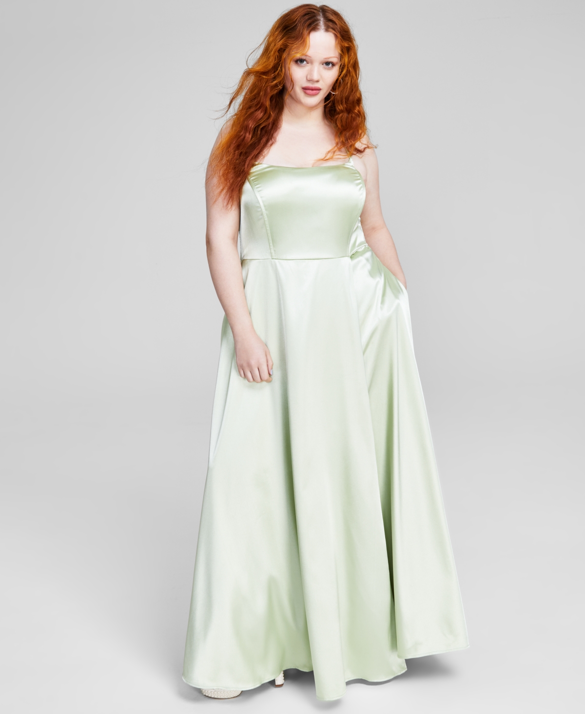 Speechless Trendy Plus Size Lace-up-back Satin Ball Gown In Pistachio