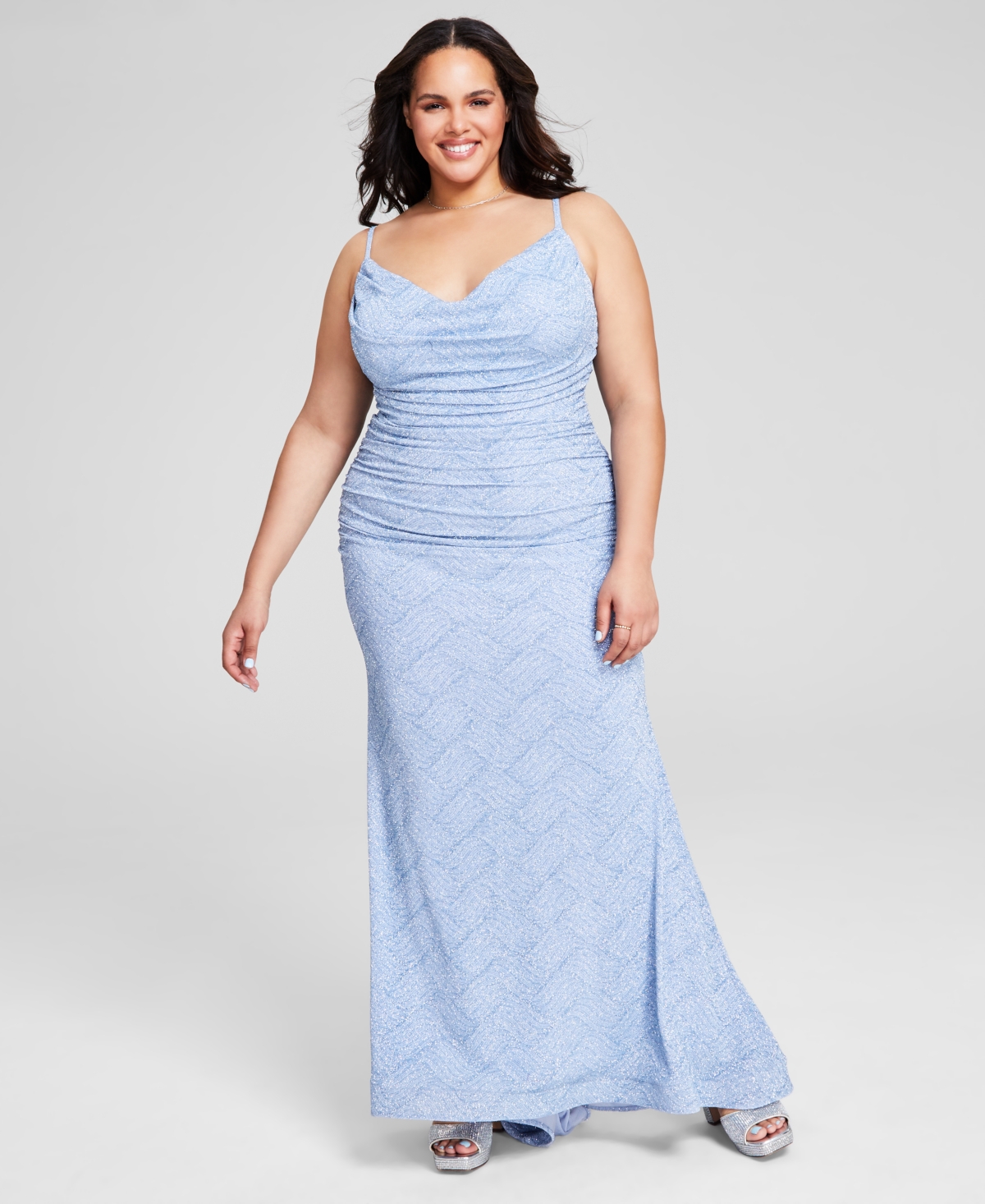 Trendy Plus Size Glitter-Knit Ruched Gown - Light Blue/Light Blue
