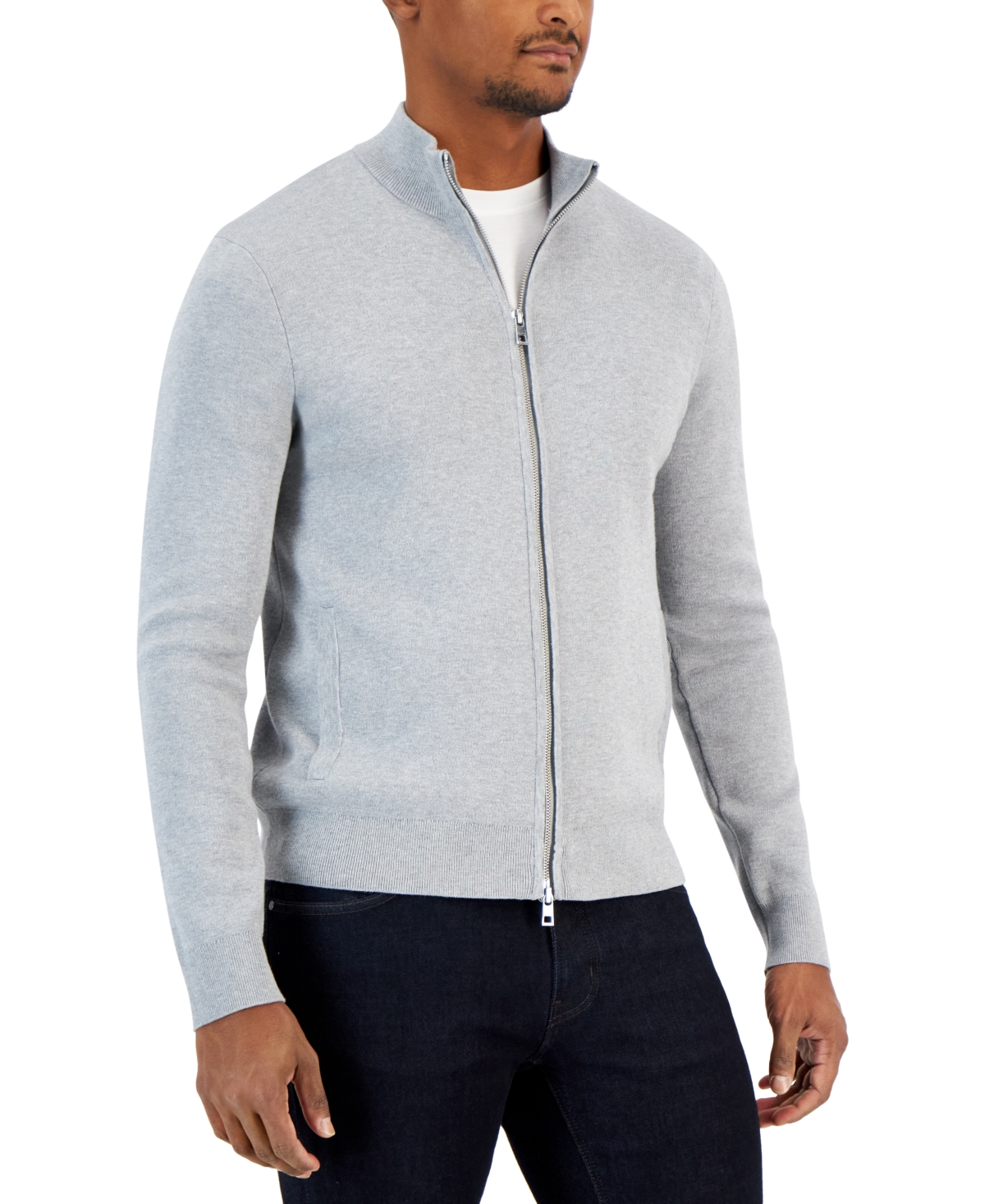 Michael Kors Men's Double Knit Zip-front Sweater Jacket In Heather Grey
