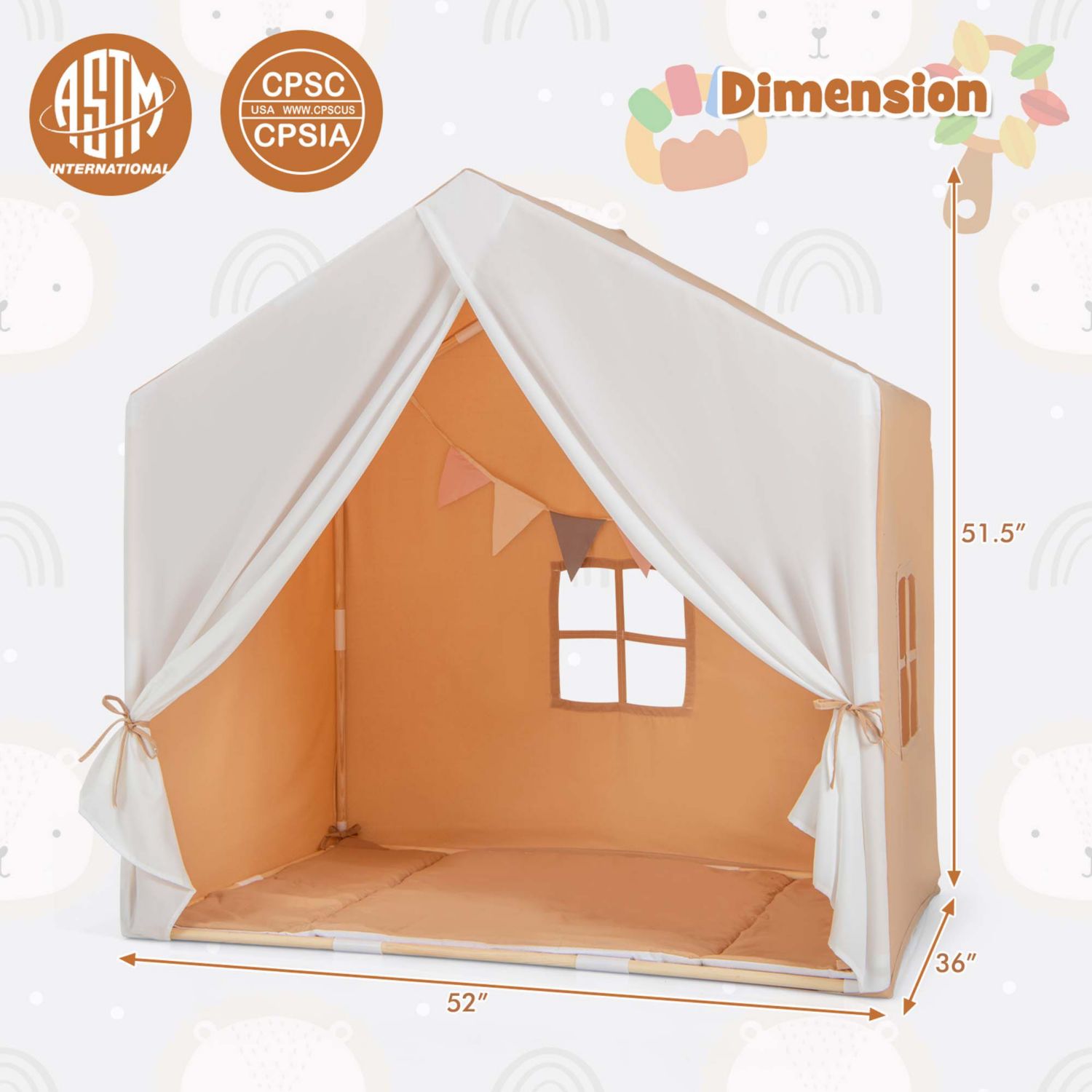 Kids' Castle Play Tent with Solid-Wood Frame and Washable Mat