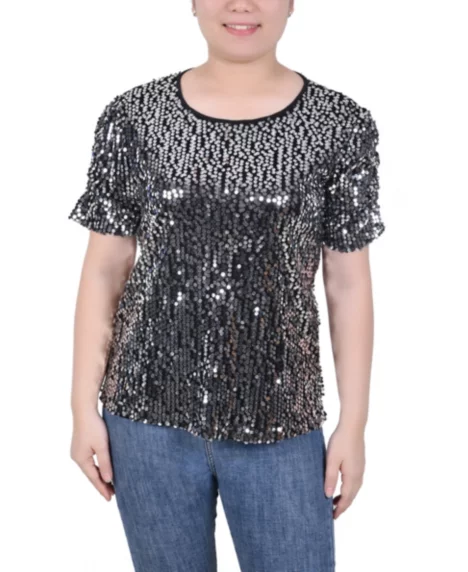 Petite Short Sleeve Sequined Top - Silver