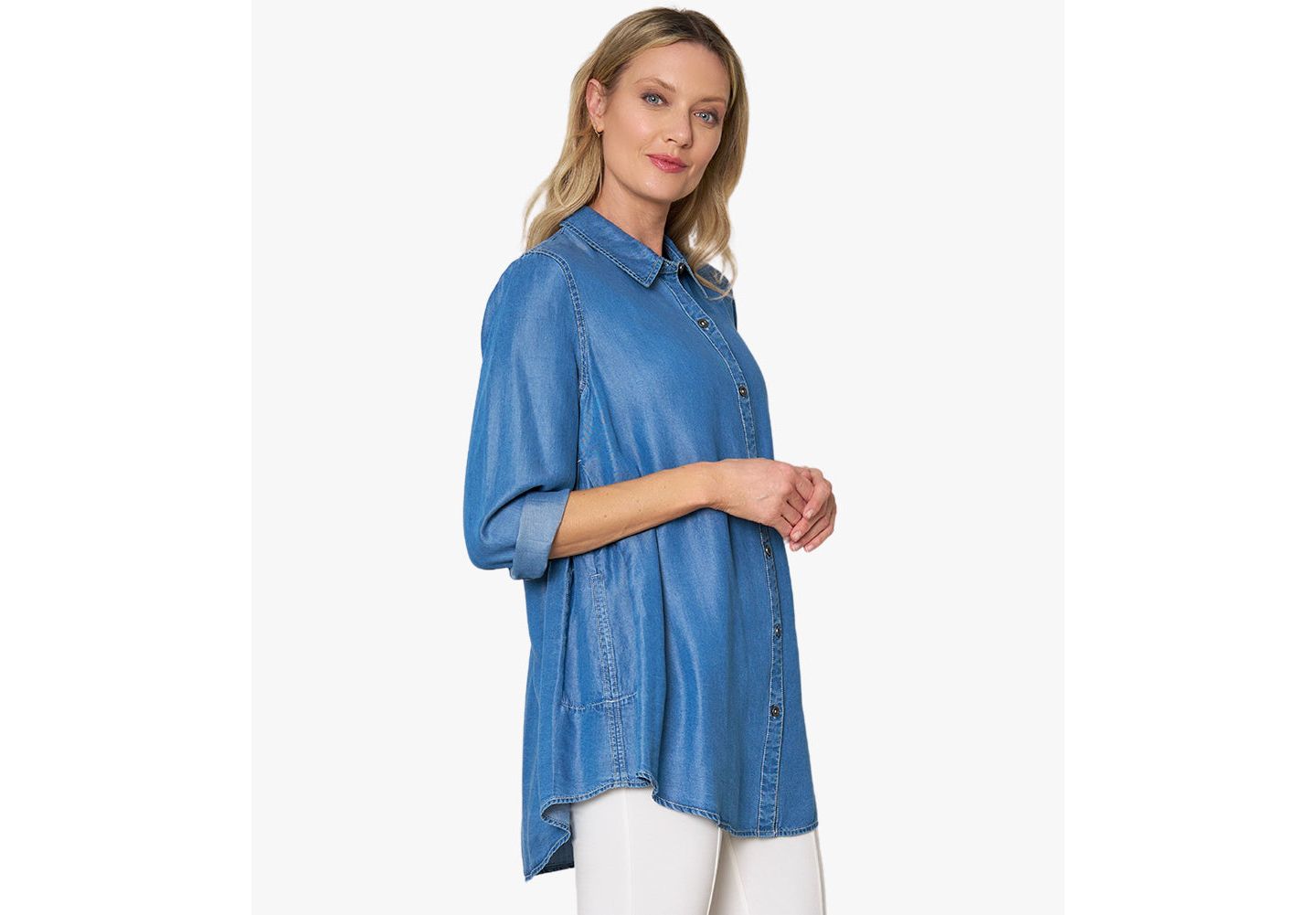 Женский топ Stella Carakasi Collared Denim Long Sleeve Button-Front Prime Time Tunic, цвет: Средняя варка — фото 2