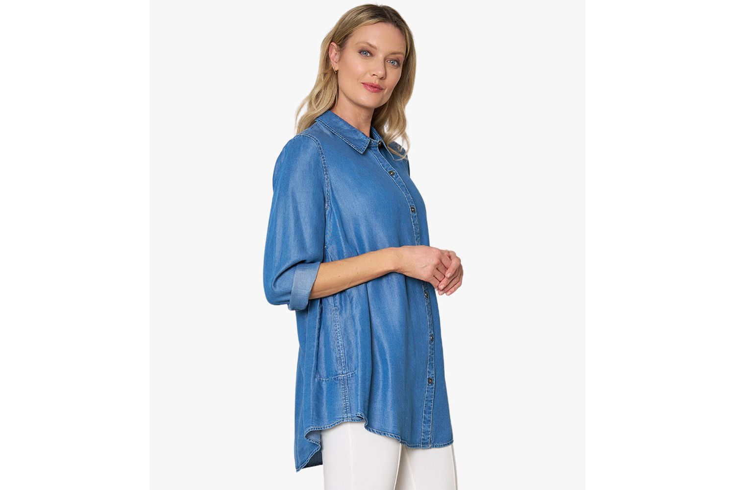 Women's Collared Denim Long Sleeve Button-Front Prime Time Tunic