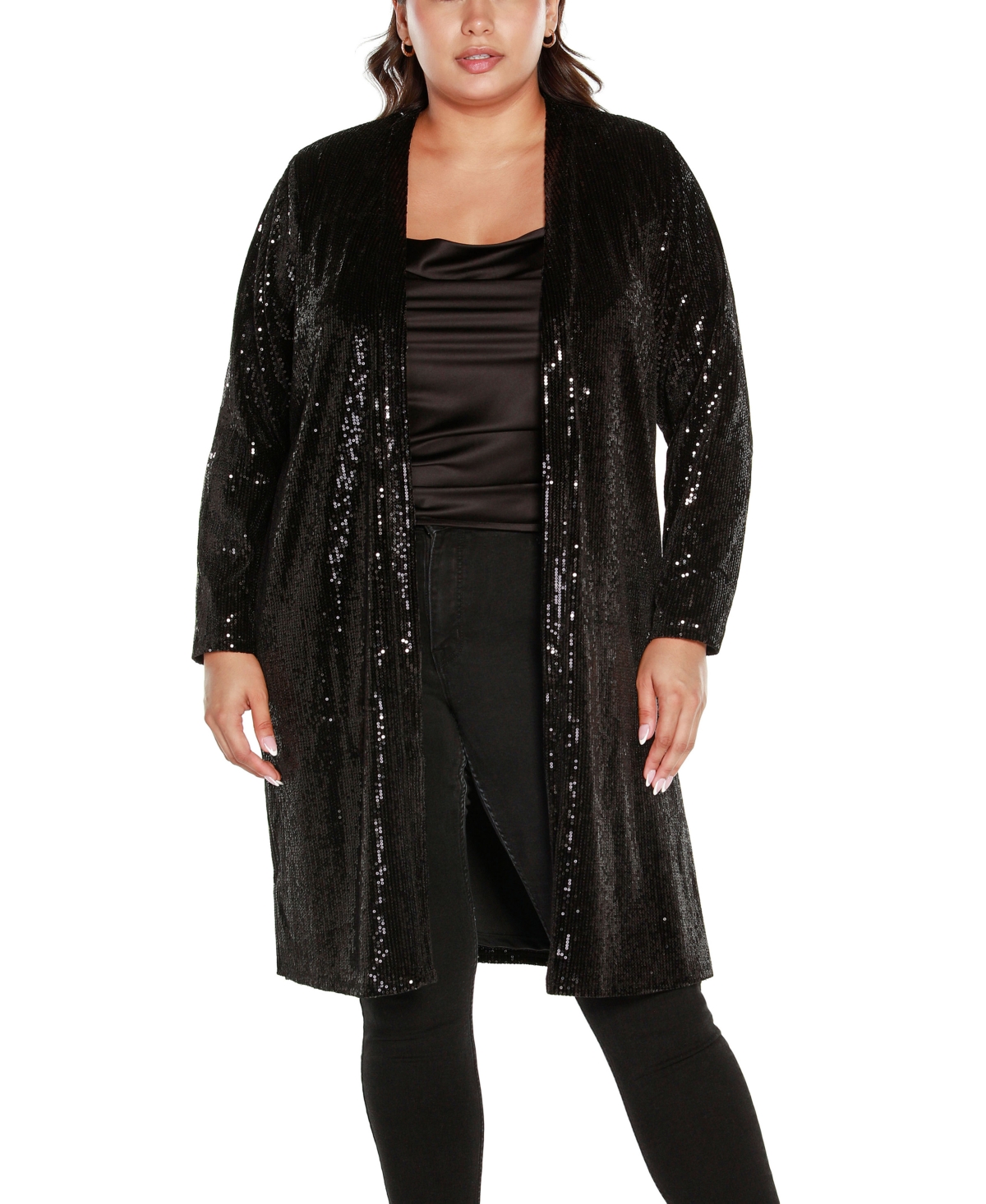 BelldiniLabel Plus Size Stretch Velvet Sequin Knit Duster Cardigan Sweater - Black