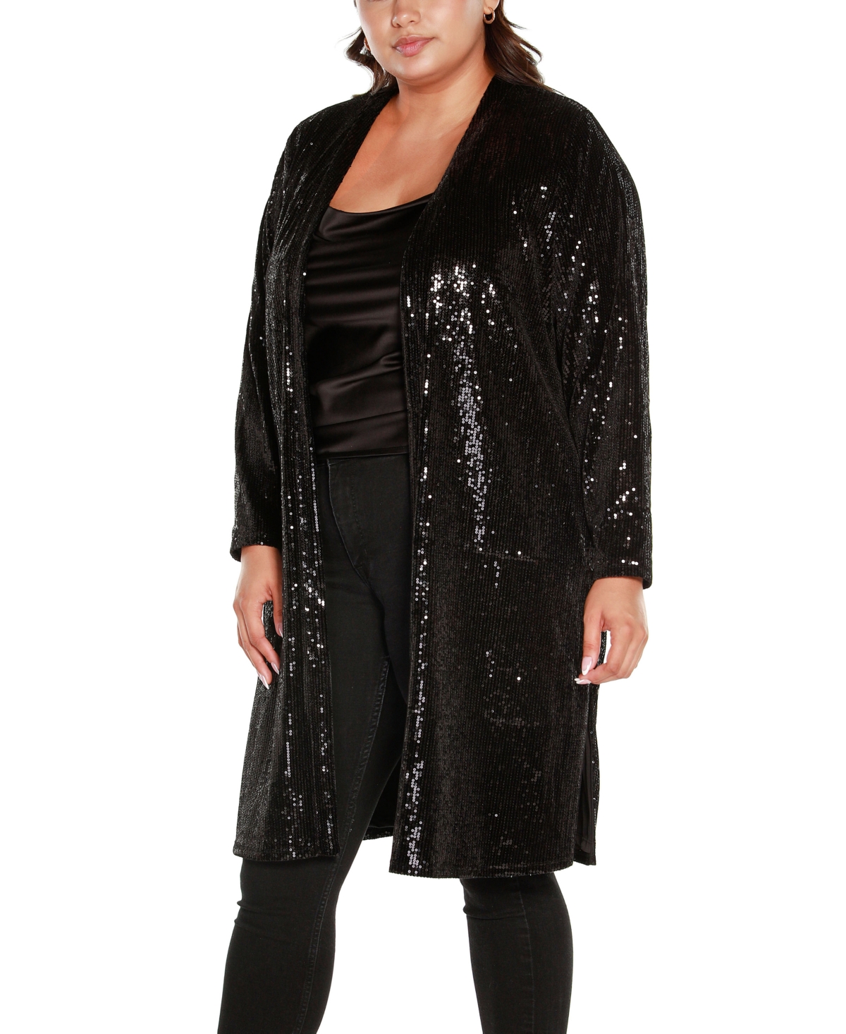 BelldiniLabel Plus Size Stretch Velvet Sequin Knit Duster Cardigan Sweater - Black