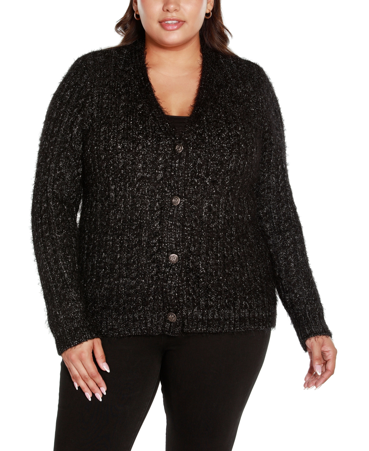 Belldini Black Label Plus Size Lurex Eyelash Cardigan Sweater In Black,silver