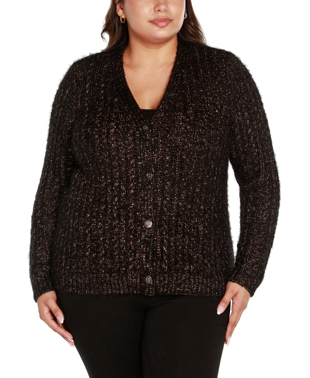 Belldini Black Label Plus Size Lurex Eyelash Cardigan Sweater In Black,copper
