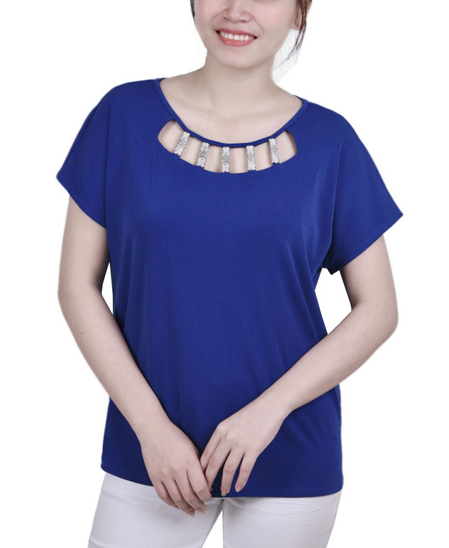 Petite Short Sleeve Knit Top with Hardware