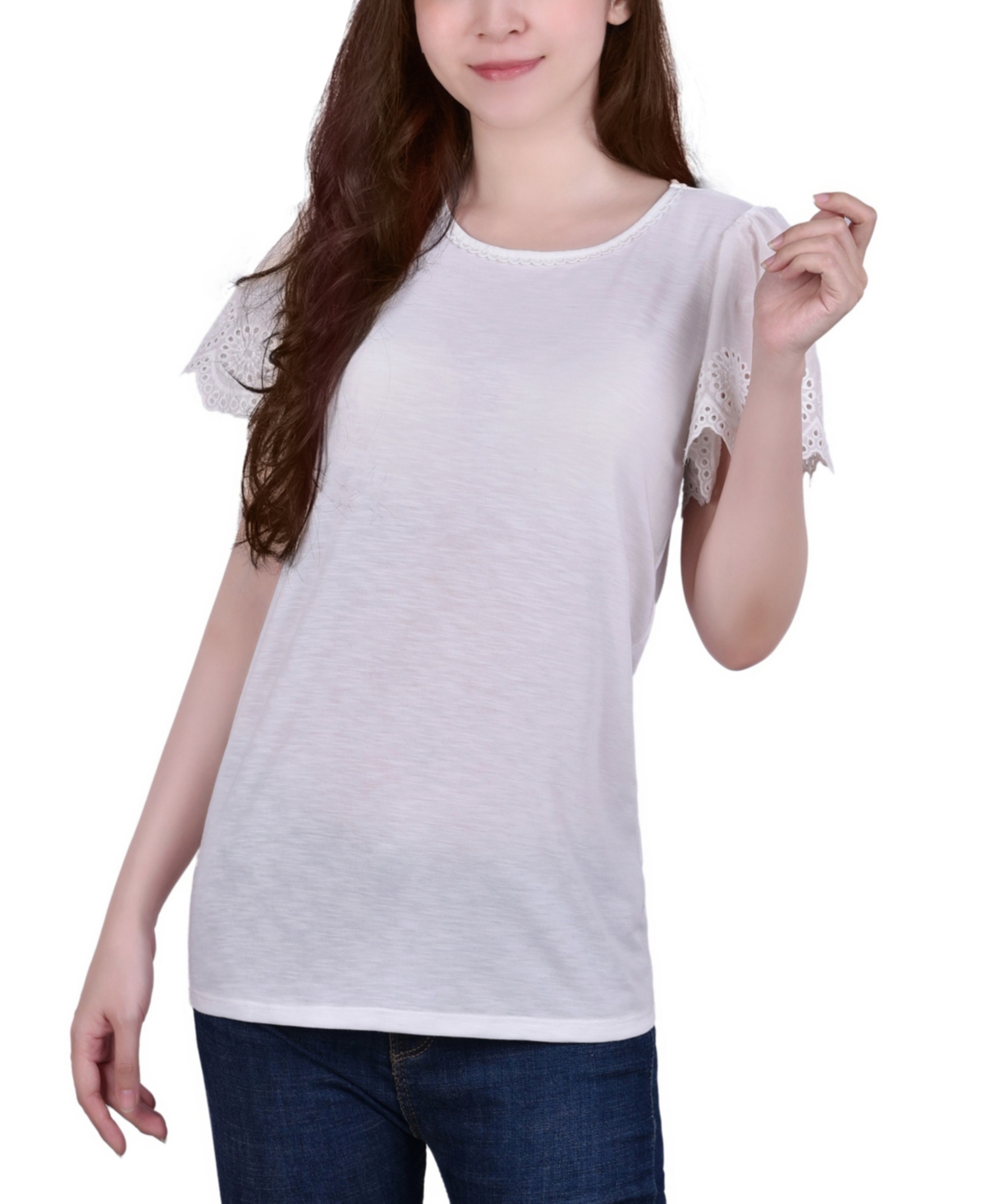 Petite Short Flutter Sleeve Pullover Top - White