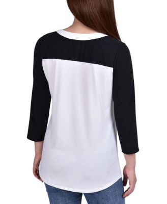 Petite 3/4 Sleeve Studded Colorblocked Split Neck Top