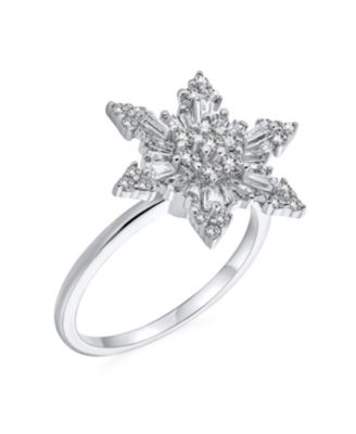 Winter Holiday Christmas Statement Clear Cubic Zirconia Flower CZ Snowflake Fidget Spinner Ring Cocktail Sterling Silver