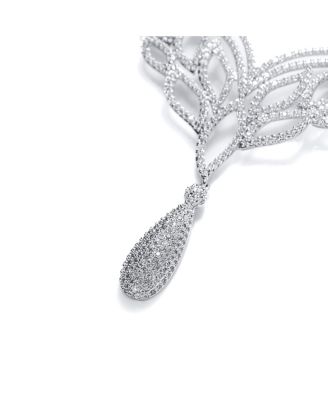 Art Deco-Inspired Leaf Statement Collar Necklace With Cleavage Dangling Teardrop Micro Pave Cubic Zirconia CZ