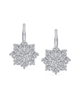 Holiday Party Flower Christmas Winter Cubic Zirconia Encrusted CZ Snowflake Drop Lever back Earrings Sterling Silver