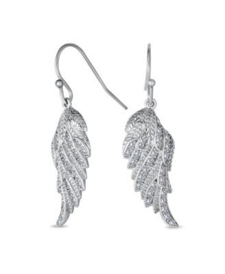 Heavenly Spiritual Symbol Cubic Zirconia Pave CZ Guardian Angel Wing Feather Lever back Dangle Earrings Sterling Silver French Wire