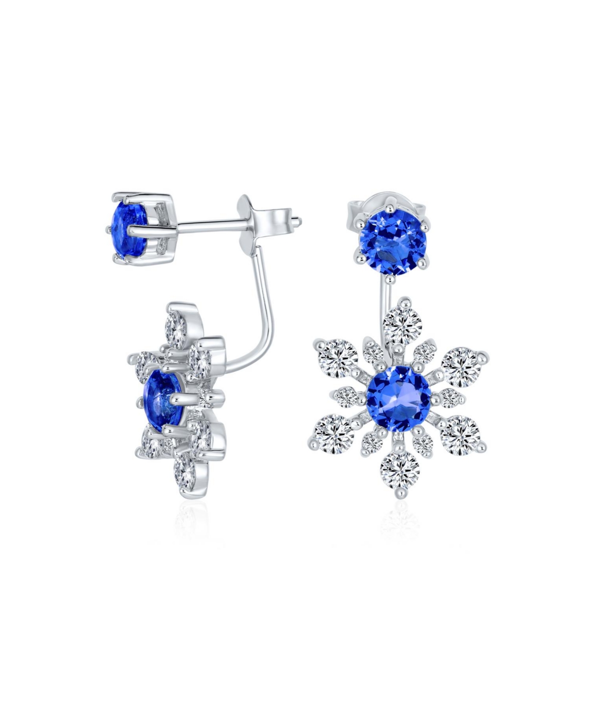 Holiday Party Winter Christmas Blue Cz 2 In 1 Ear Jackets Back Front Snowflake Stud Earrings .925 Sterling Silver - Dark blue