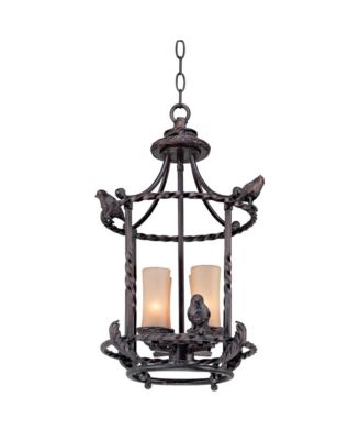 Song Birds 13.5" Bronze Pendant Chandelier, Rustic Cage Design with Scavo Glass, 4-Light Fixture for Dining Room, Kitchen & Foyer