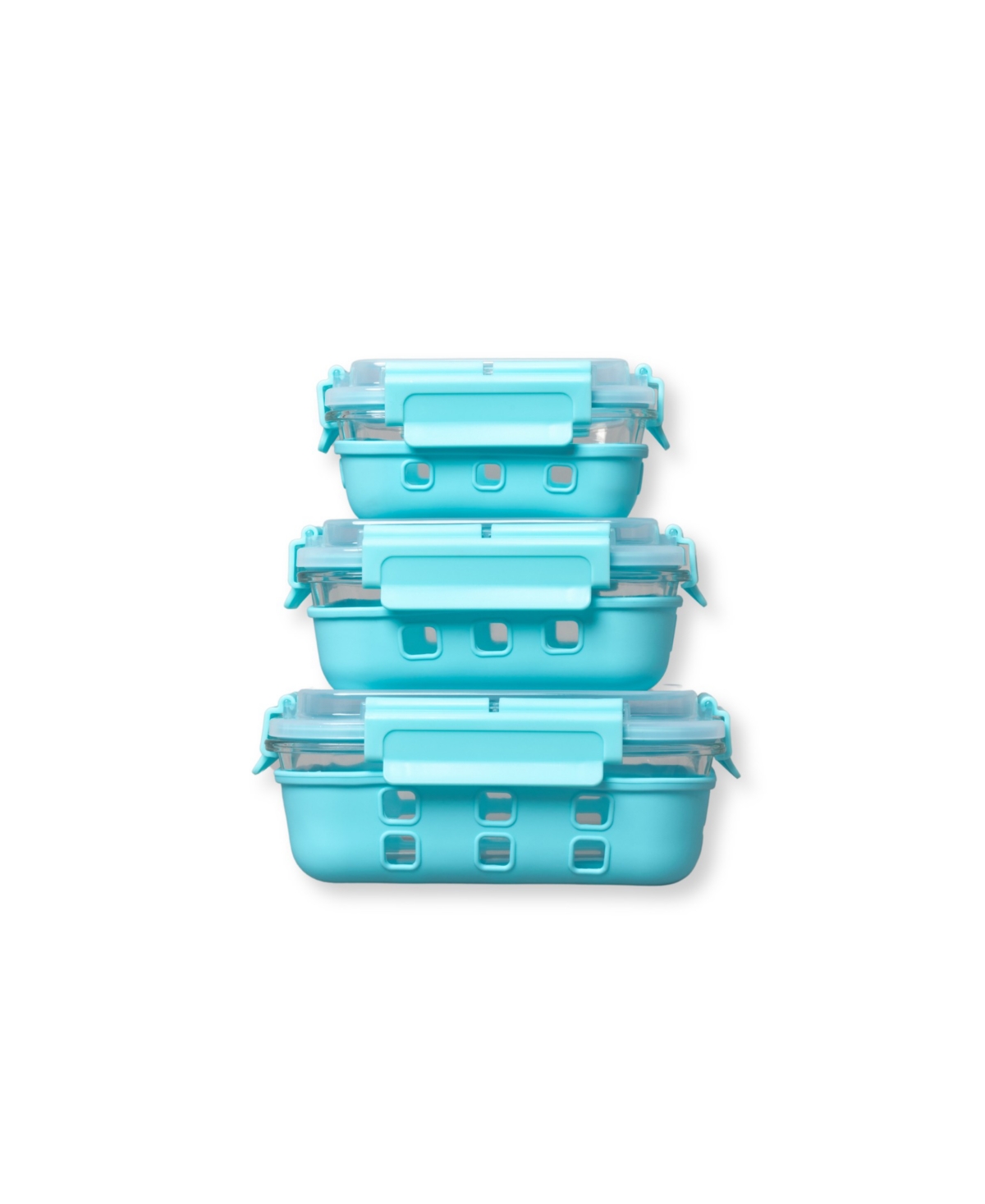 Shop Genicook 3 Pc Rectangular Container Hi-top Lids With Pro Grade Removable Lockdown Levers Silicone Sleeve Set In Aqua Blue