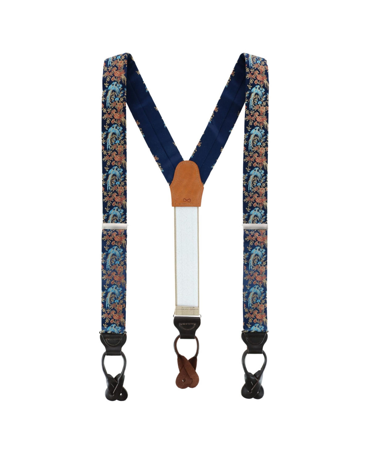 Men's Birds of Prosperity Silk Button End Suspenders - Navy
