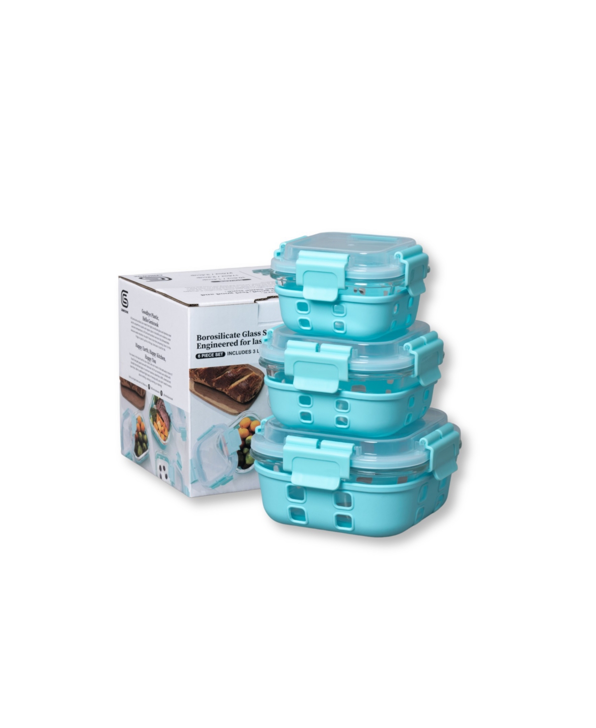 Genicook 3 Pc Square Container Hi-top Lids With Pro Grade Removable Lockdown Levers Silicone Sleeve Set In Aqua Blue