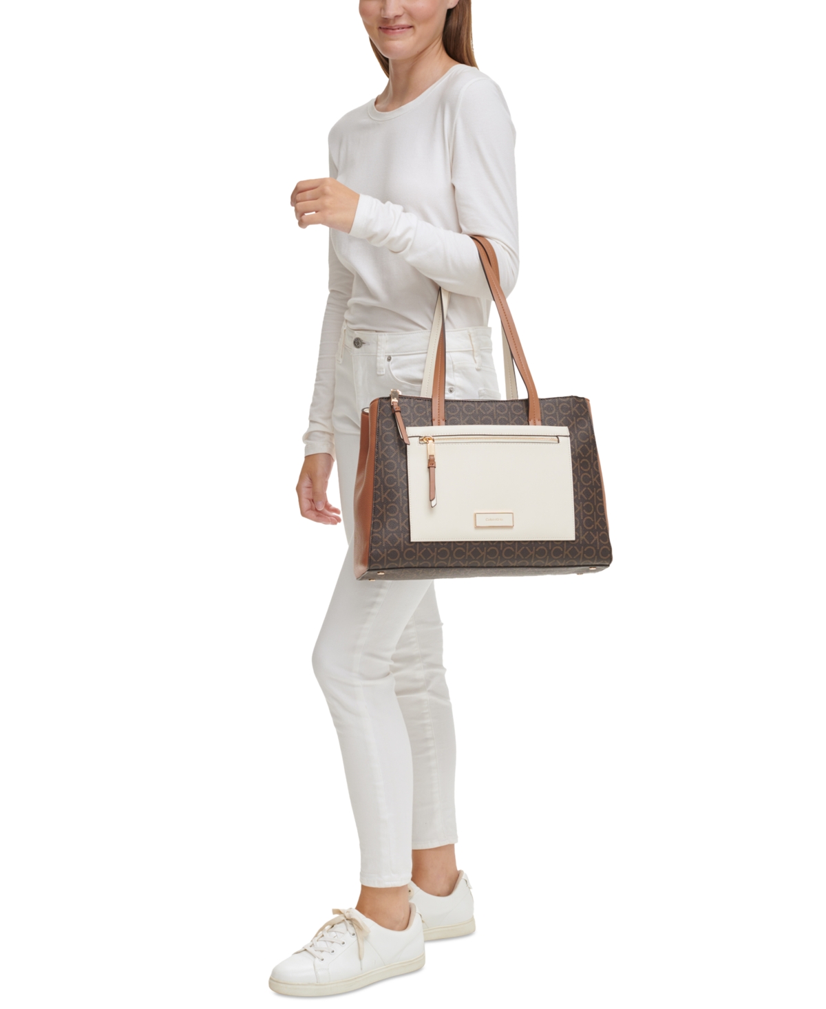 Hadley Signature Colorblocked Triple Compartment Tote -Caramel/White